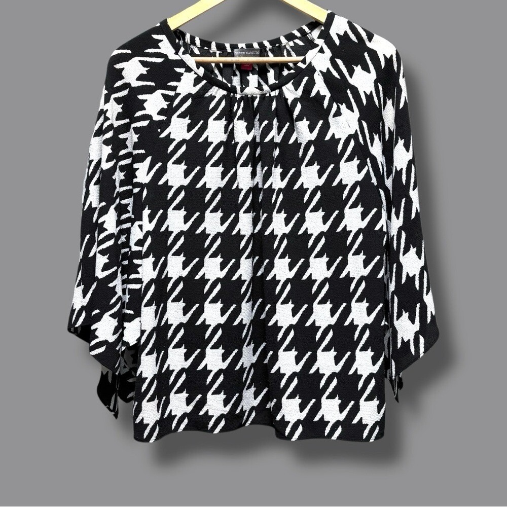 Vince Camuto Womens Small Black White Houndstooth Split Cape Sleeve‎ Blouse Top